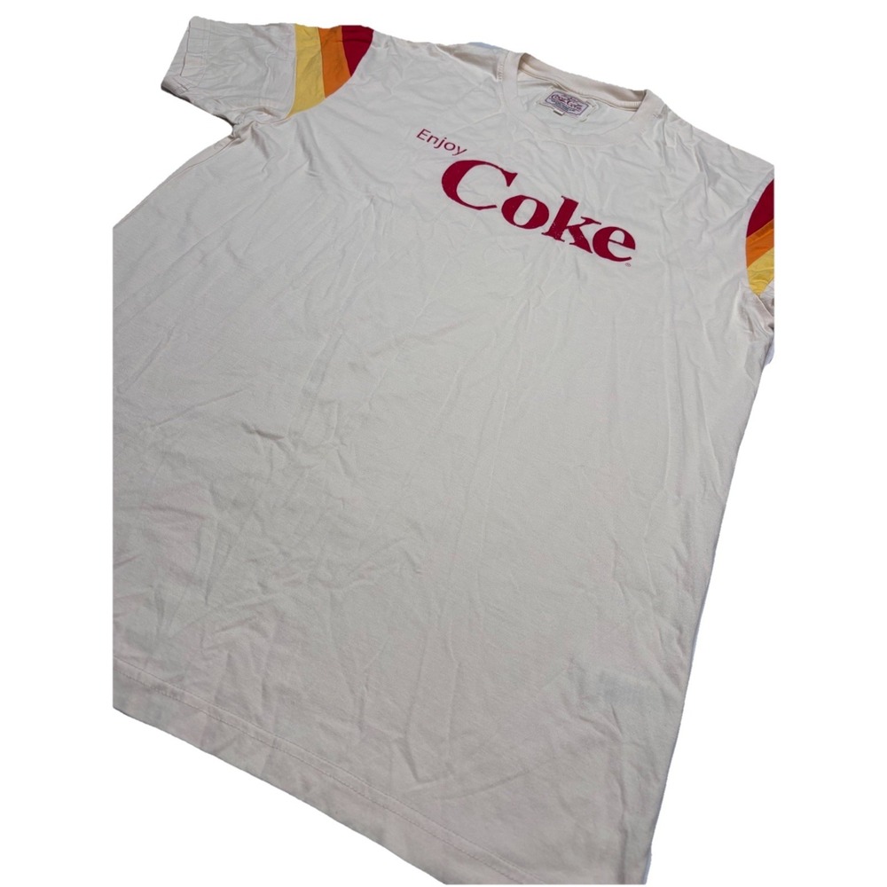 Red Jacket Coca-Cola Retro Enjoy Coke T-Shirt 2XL Cream Striped Sleeves NWT - Picture 3 of 8